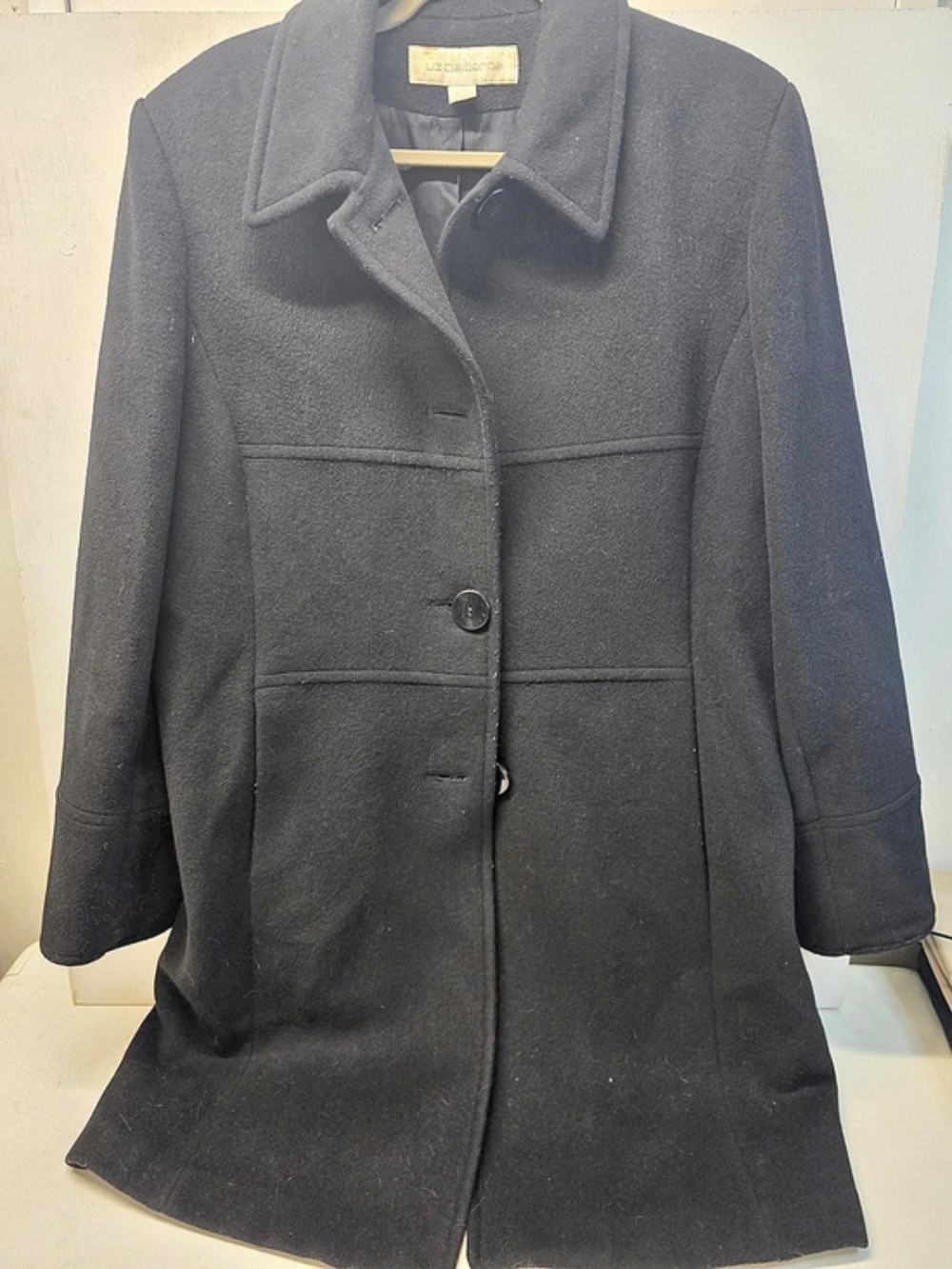 Liz Claiborne Women’s Black Wool Long Coat Size 14 Lined Button Front Classic